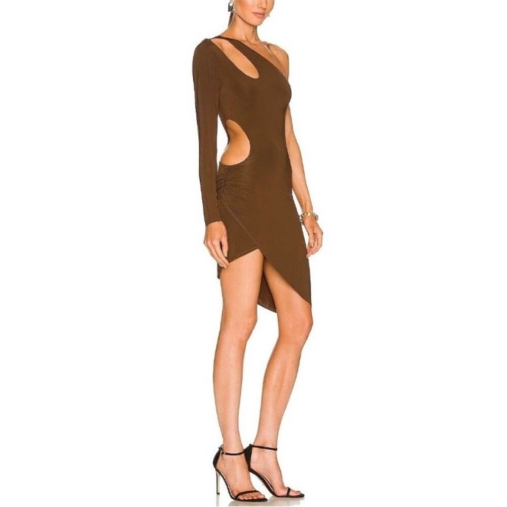 NWT Ronny Kobo Lana Dress Brown One Shoulder Asymmetrical Mini Party Size XS
